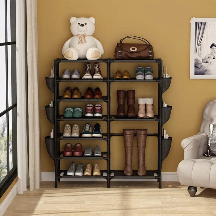 Double Row Shoe Rack With Side Pocket